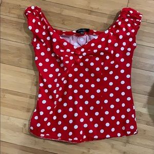 Red pinup polka dot peasant shirt top